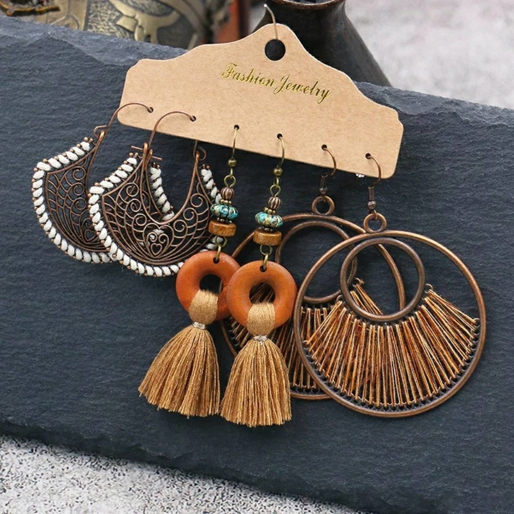 3 Pair Set Bohemian Tassel Vintage Dangle Earring